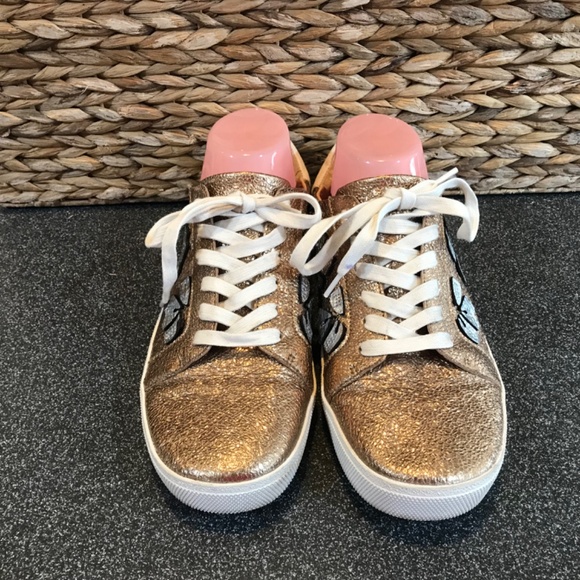 Vince Camuto Leather Claudia Gold and Silver Lace-up Metallic Sneakers - Picture 2 of 15